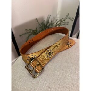 Linea Pelle Gold Metallic Studded Leather Belt Rhinestone Floral LP050659N Small